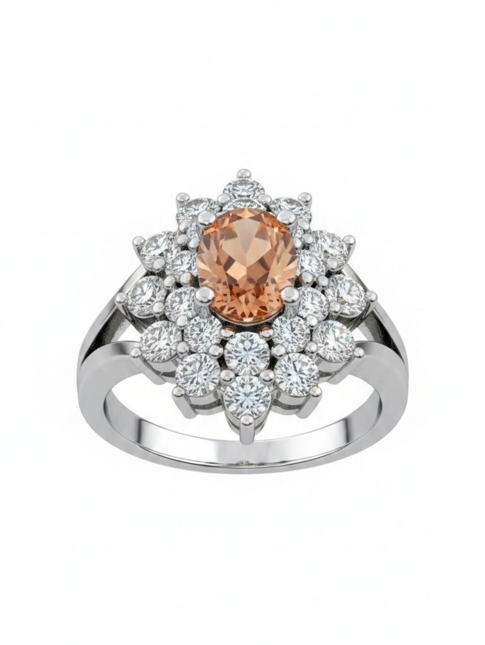 Sassified Boutique Nwt Peach Center Stone Halo Cluster Ring in Silver